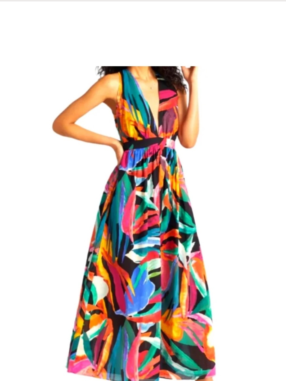 Velvet Multicolor Abstract Print V-Neck Maxi Dress